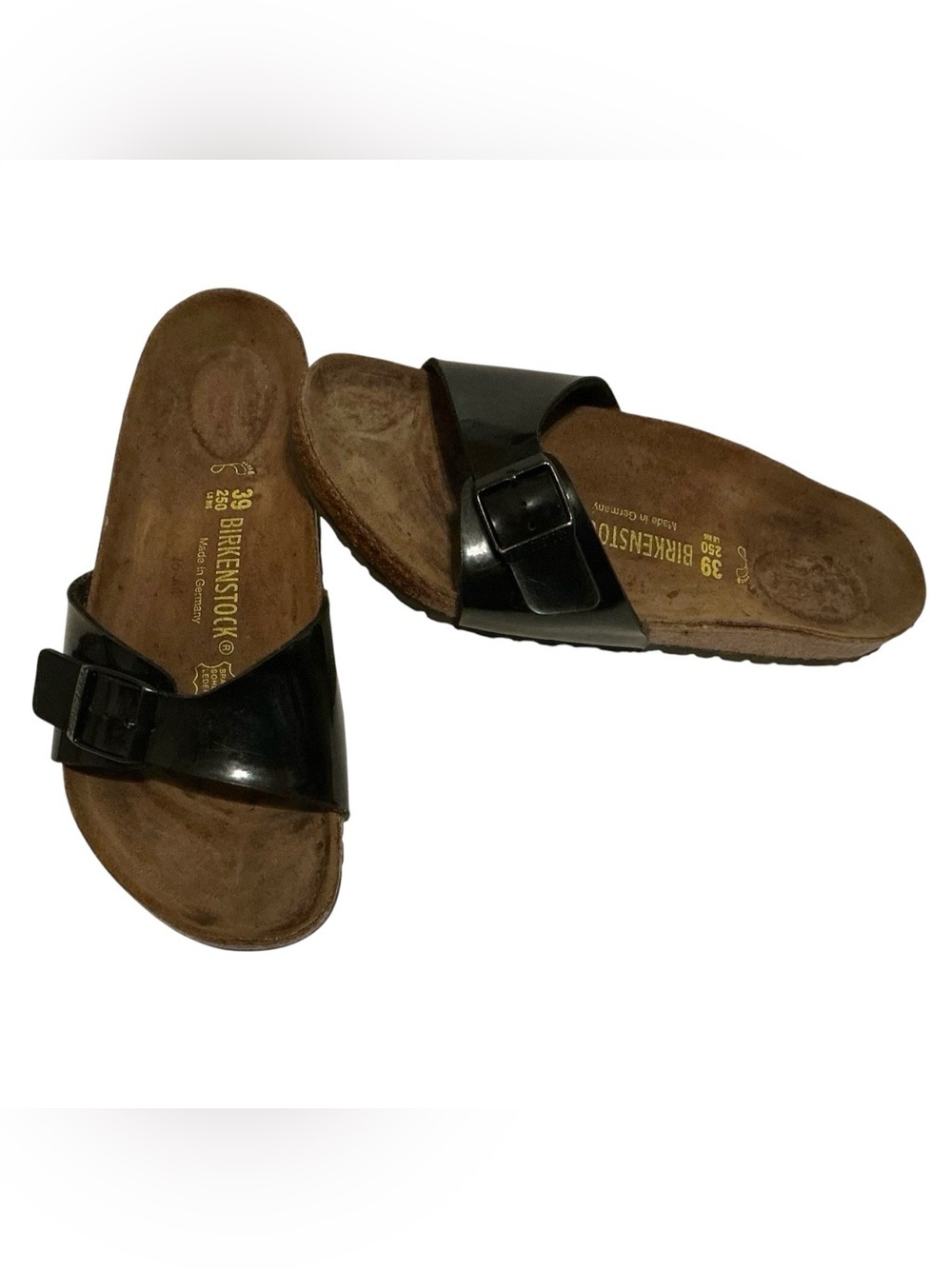 Birkenstock Madrid Birko-Flor Patent Black Slide Sandals EU 39 US 8 Narrow